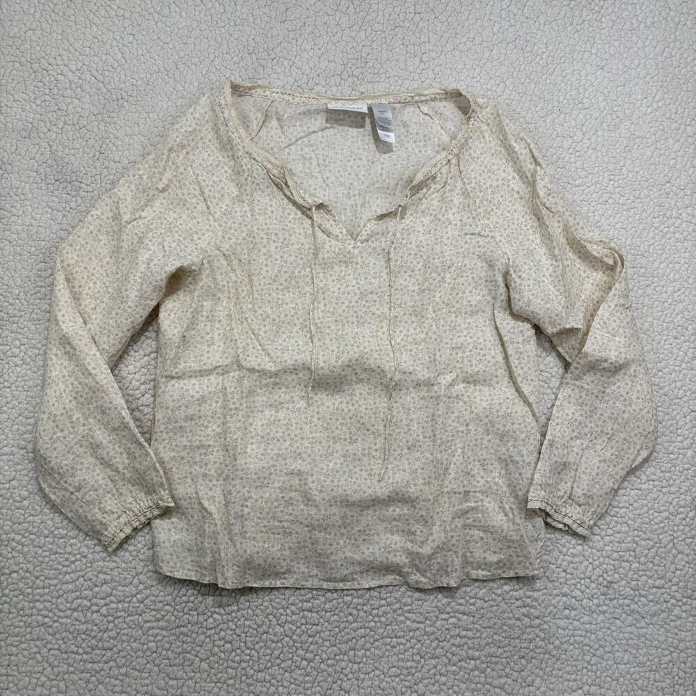 Liz‎ Claiborne 100% Linen Floral Peasant Blouse Top M Petite Beige Ivory Lace